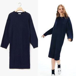 Lacoste Sz Sm Navy Cable Knit Sweater Dress Cashmere Wool